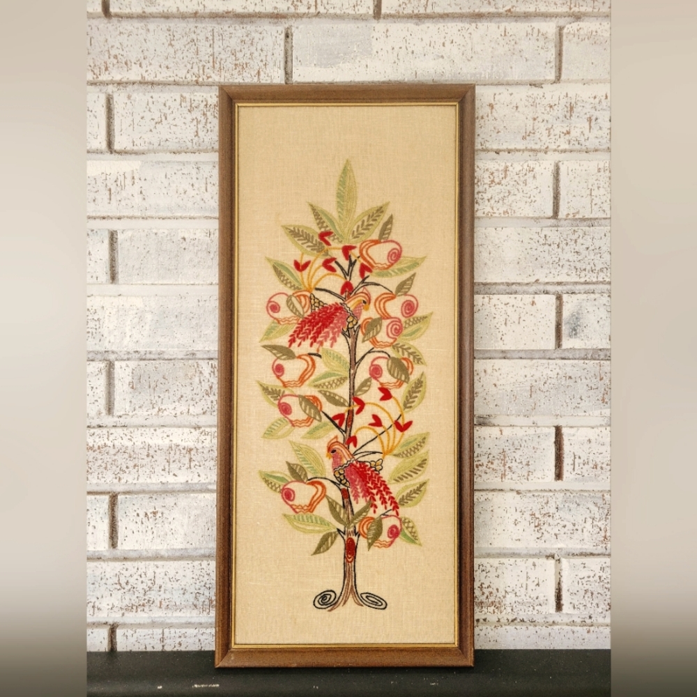Large Vintage Embroidered Artwork Birds Tree Framed Mid Century 1969